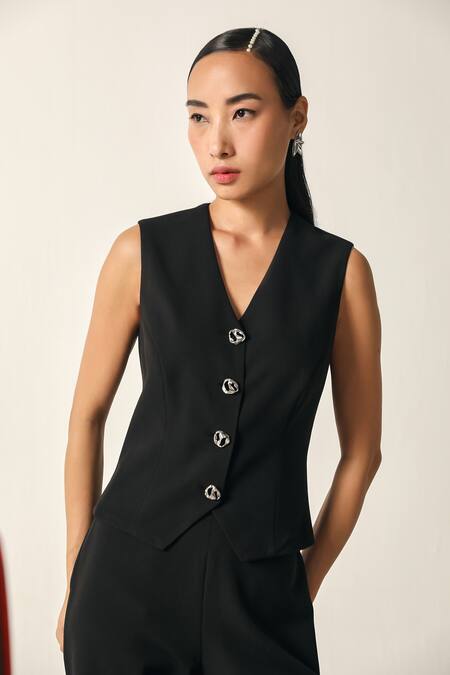 Buy_House Of Zeniaa_Black Crepe V-neck Elena Solid Vest And Trouser Set_Online_at_Aza_Fashions