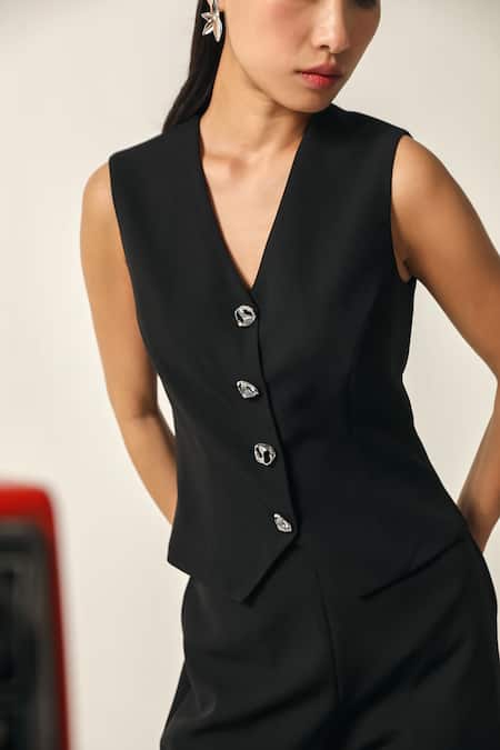 House Of Zeniaa_Black Crepe V-neck Elena Solid Vest And Trouser Set_at_Aza_Fashions