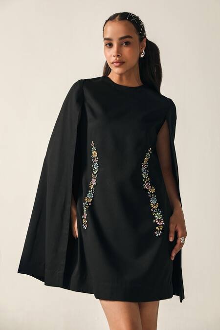 House Of Zeniaa_Black Crepe Embroidery Round Neck Lexie Floral Dress_Online_at_Aza_Fashions