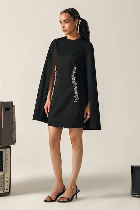 Buy_House Of Zeniaa_Black Crepe Embroidery Round Neck Lexie Floral Dress_Online_at_Aza_Fashions