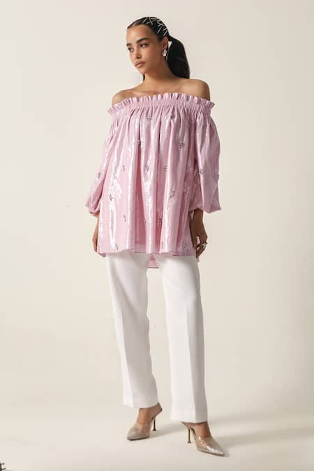 House Of Zeniaa Pink Cotton, Lurex Sequins Off-shoulder Hope Off Top 