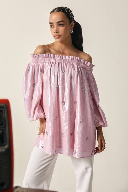 House Of Zeniaa_Pink Cotton, Lurex Sequins Off-shoulder Hope Off Top_Online_at_Aza_Fashions