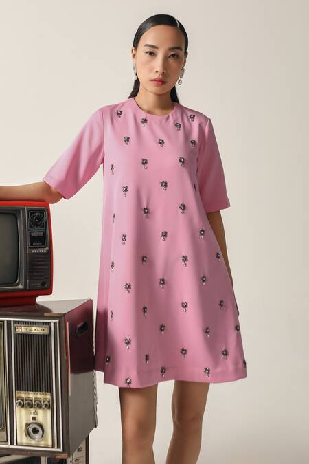 Buy_House Of Zeniaa_Pink Crepe Beads, Embroidery Round Neck Kate Floral Embellished Dress_Online_at_Aza_Fashions