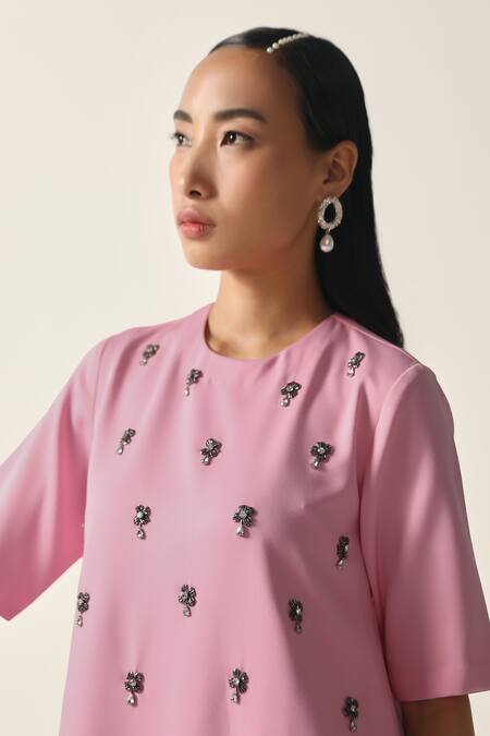 Shop_House Of Zeniaa_Pink Crepe Beads, Embroidery Round Neck Kate Floral Embellished Dress_Online_at_Aza_Fashions