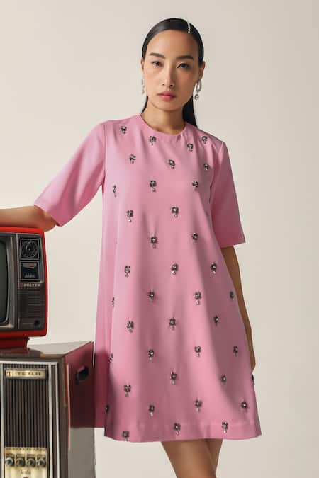 House Of Zeniaa_Pink Crepe Beads, Embroidery Round Neck Kate Floral Embellished Dress_at_Aza_Fashions