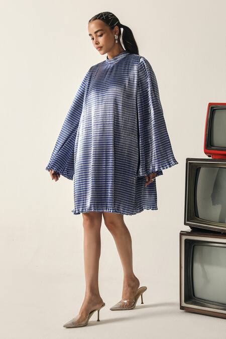 House Of Zeniaa_Blue Crepe High Neck Jane A-line Dress_Online_at_Aza_Fashions