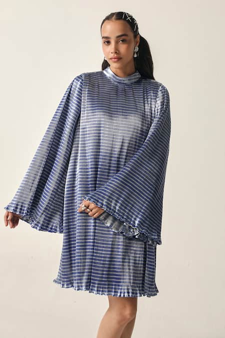 Buy_House Of Zeniaa_Blue Crepe High Neck Jane A-line Dress_Online_at_Aza_Fashions