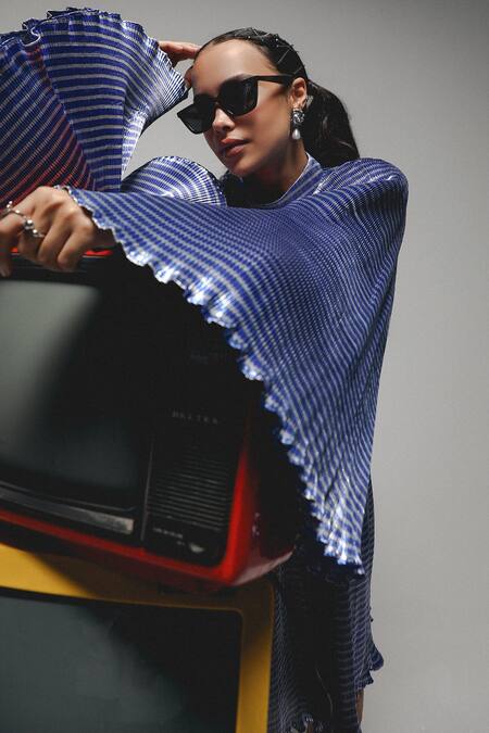 Shop_House Of Zeniaa_Blue Crepe High Neck Jane A-line Dress_Online_at_Aza_Fashions