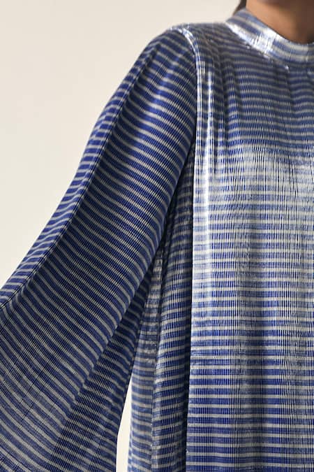 House Of Zeniaa_Blue Crepe High Neck Jane A-line Dress_at_Aza_Fashions