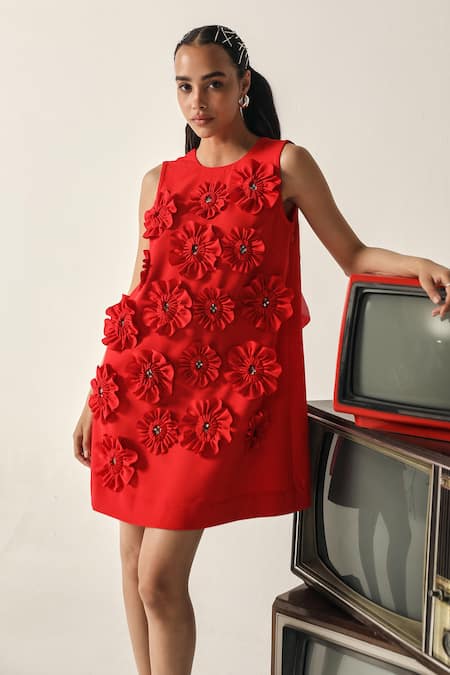 House Of Zeniaa_Red Crepe Applique, Stones Round Neck Lucy 3d Floral Embellished Dress_Online_at_Aza_Fashions