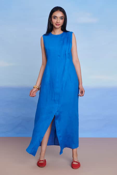 Saphed Blue Linen Round Neck Santorini Drape Dress 