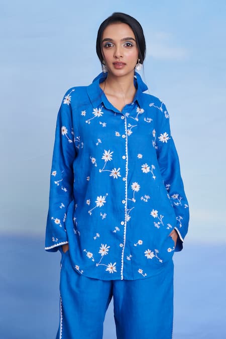 Saphed Blue Linen Embroidery Collared Santorini Oversized Shirt