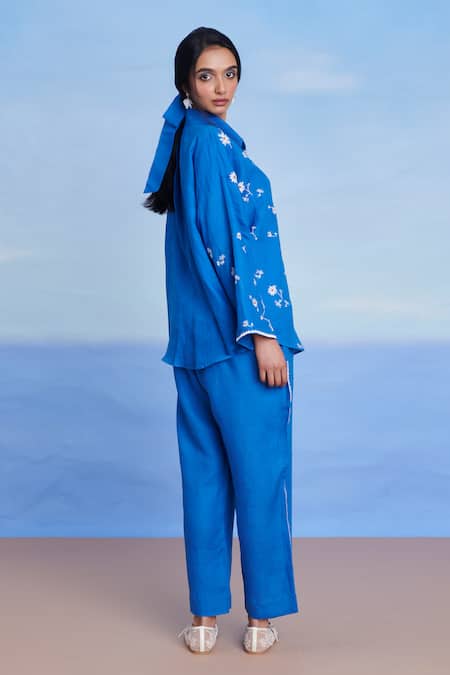 Buy Saphed Blue Linen Embroidery Collared Santorini Oversized Shirt Buy_Saphed_Blue Linen Embroidery Collared Santorini Oversized Shirt