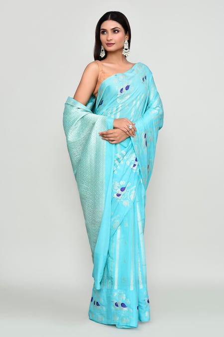Shop_Naintara Bajaj_Sky Blue Silk Zari, Embroidery Floral Woven Pattern Saree With Running Blouse _Online_at_Aza_Fashions