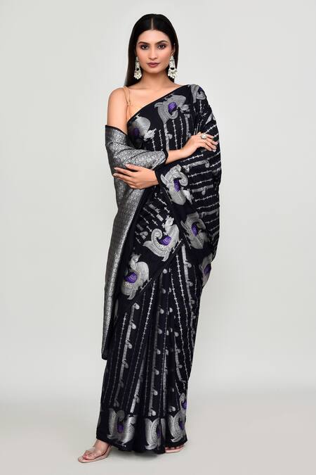 Shop_Naintara Bajaj_Black Silk Zari, Metallic Thread, Floral Woven Pattern Saree With Running Blouse _Online_at_Aza_Fashions