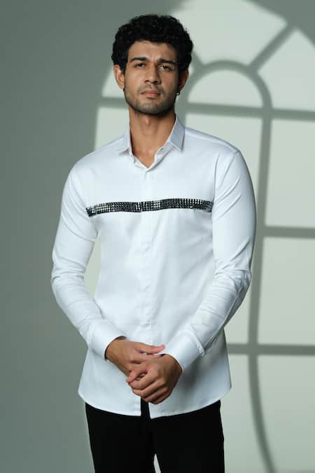 Sanjana Reddy Designs White Cotton Studs Pyramid Embroidered Shirt 