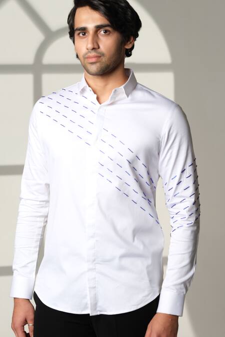 Shop_Sanjana Reddy Designs_White Cotton Embroidery Slant Sally Lines Shirt _Online_at_Aza_Fashions