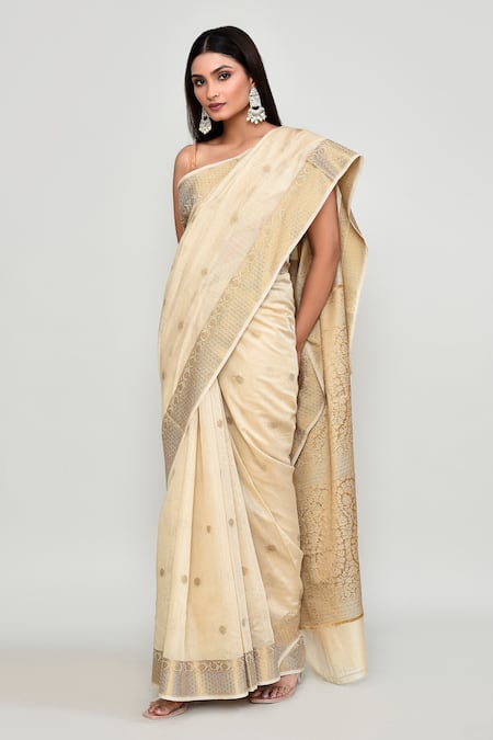 Shop_Naintara Bajaj_Off White Cotton, Silk Zari, Butti Woven Pattern Saree With Running Blouse _Online_at_Aza_Fashions