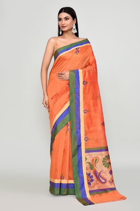 Samyukta Singhania Orange Cotton Satin Zari, Butti Woven Pattern Saree With Running Blouse 