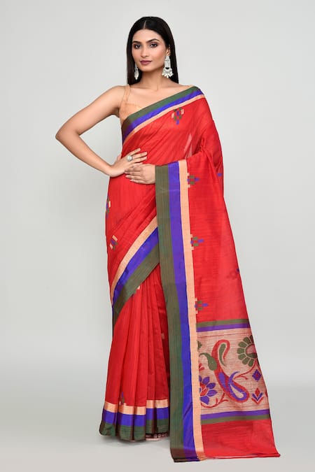 Samyukta Singhania Red Cotton, Silk Zari Contrast Border Saree With Running Blouse 