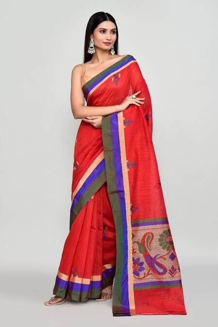 Shop_Naintara Bajaj_Red Cotton, Silk Zari Contrast Border Saree With Running Blouse _Online_at_Aza_Fashions