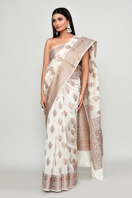 Shop_Naintara Bajaj_Off White Silk Zari, Metallic Butti Woven Pattern Saree With Running Blouse _Online_at_Aza_Fashions