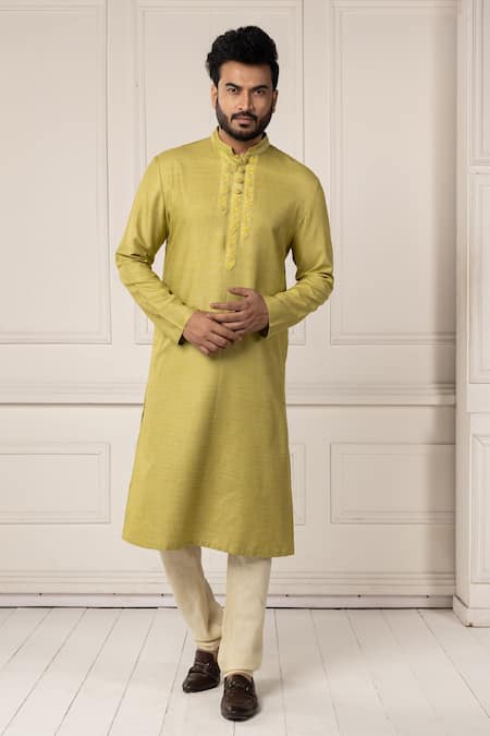 Minikin Green Silk, Viscose Embroidery Placket Kurta Set 