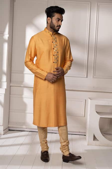 Buy_Minikin_Orange Silk, Dupion Gota Patti, Embroidery Placket Kurta Set _Online_at_Aza_Fashions