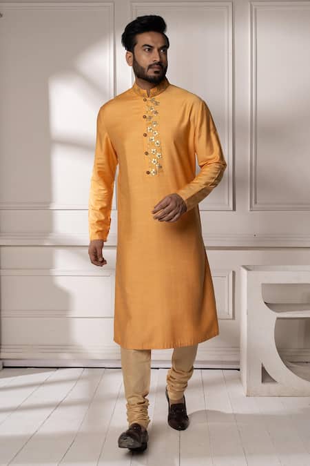Shop_Minikin_Orange Silk, Dupion Gota Patti, Embroidery Placket Kurta Set _Online_at_Aza_Fashions