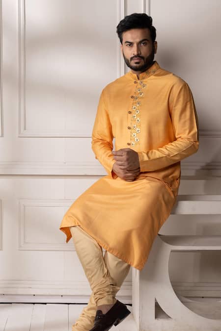 Minikin_Orange Silk, Dupion Gota Patti, Embroidery Placket Kurta Set _at_Aza_Fashions