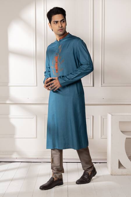 Minikin_Blue Silk, Dupion Embroidery Leaf Kurta Set _Online_at_Aza_Fashions