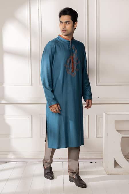 Buy_Minikin_Blue Silk, Dupion Embroidery Leaf Kurta Set _Online_at_Aza_Fashions