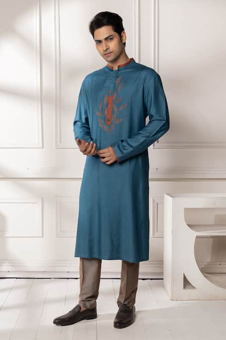 Minikin Blue Silk, Dupion Embroidery Leaf Kurta Set 