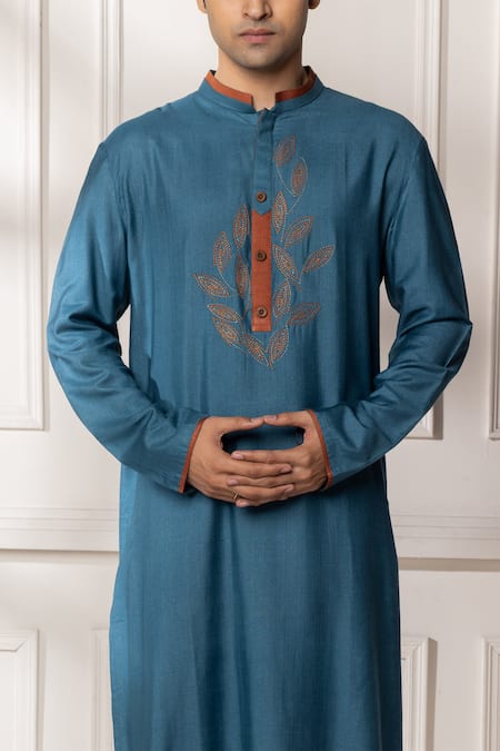 Buy_Minikin_Blue Silk, Dupion Embroidery Leaf Kurta Set 