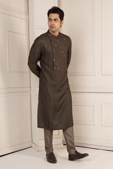 Minikin_Brown Silk Embroidery Lotus Kurta Set _Online_at_Aza_Fashions