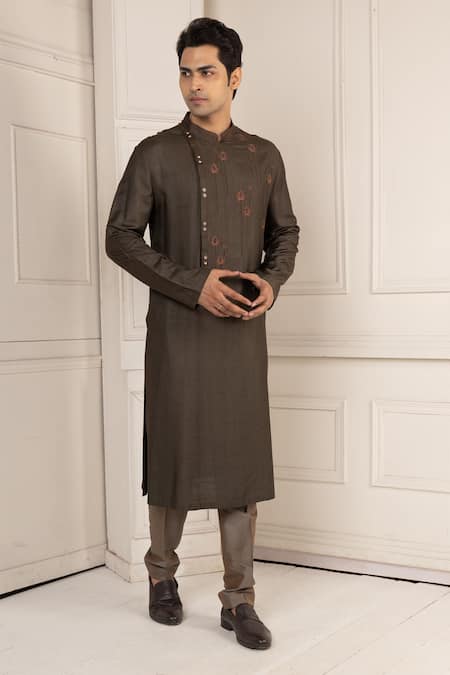 Minikin Brown Silk Embroidery Lotus Kurta Set