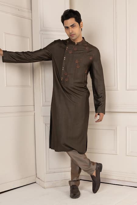 Buy_Minikin_Brown Silk Embroidery Lotus Kurta Set _Online_at_Aza_Fashions