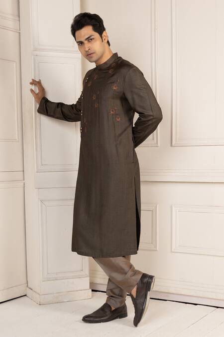 Shop_Minikin_Brown Silk Embroidery Lotus Kurta Set _Online_at_Aza_Fashions