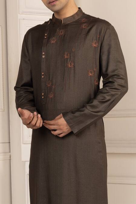 Minikin_Brown Silk Embroidery Lotus Kurta Set _at_Aza_Fashions