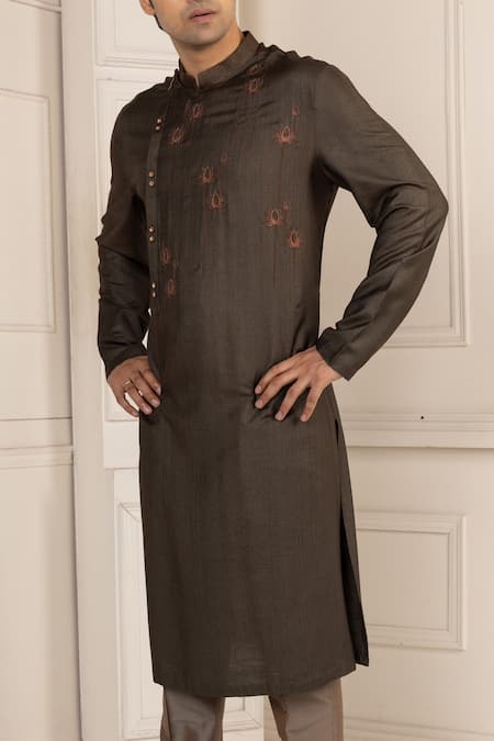 Buy_Minikin_Brown Silk Embroidery Lotus Kurta Set 