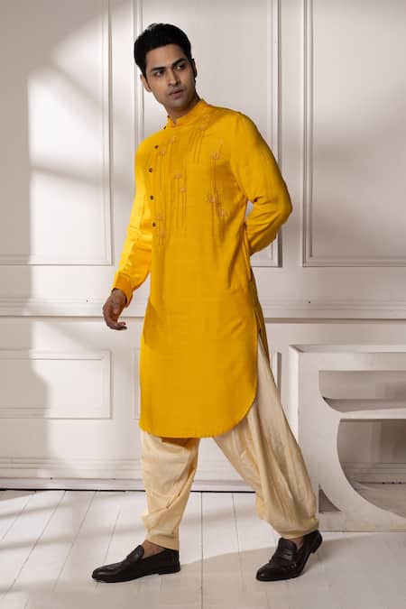 Minikin_Yellow Silk, Viscose Embroidery Pathani Kurta Set _Online_at_Aza_Fashions