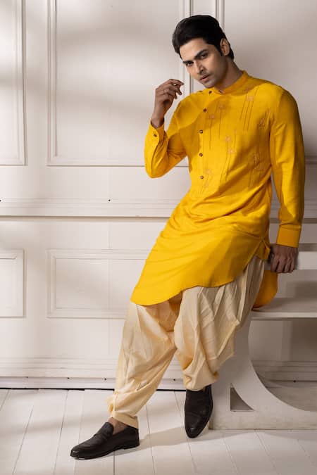 Buy_Minikin_Yellow Silk, Viscose Embroidery Pathani Kurta Set _Online_at_Aza_Fashions