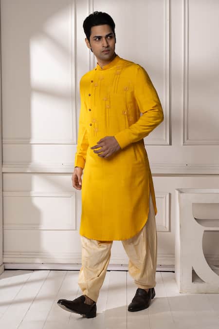 Minikin Yellow Silk, Viscose Embroidery Pathani Kurta Set 