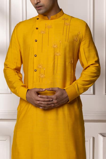 Shop_Minikin_Yellow Silk, Viscose Embroidery Pathani Kurta Set _Online_at_Aza_Fashions