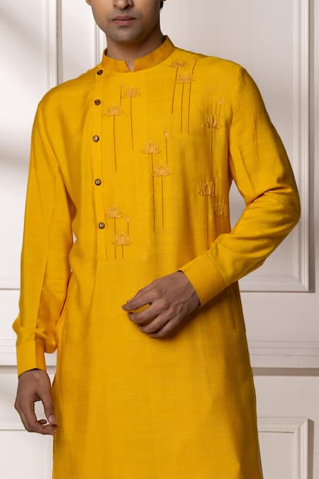 Minikin_Yellow Silk, Viscose Embroidery Pathani Kurta Set _at_Aza_Fashions