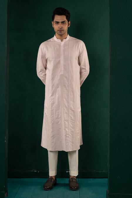 Buy_Minikin_Pink Linen Embroidery Hand Kurta Set _Online_at_Aza_Fashions