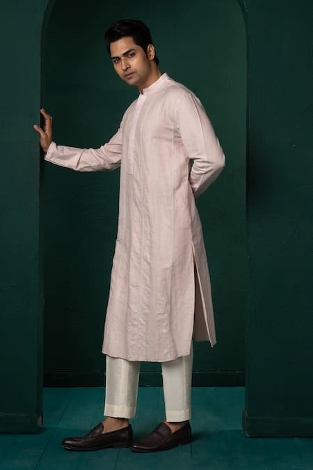 Shop_Minikin_Pink Linen Embroidery Hand Kurta Set _Online_at_Aza_Fashions