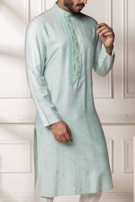 Minikin_Aqua Silk, Viscose Embroidery Floral Placement Kurta Set _at_Aza_Fashions