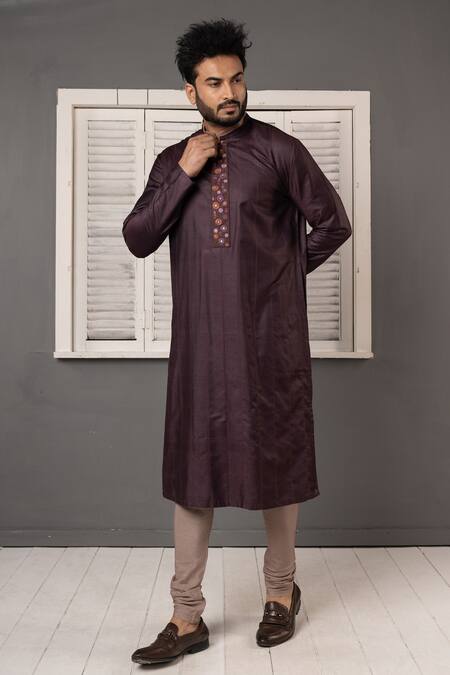 Minikin_Wine Silk, Viscose Embroidery Mirror Placket Kurta Set _Online_at_Aza_Fashions