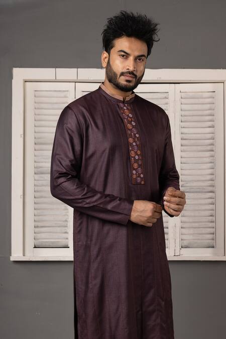 Buy_Minikin_Wine Silk, Viscose Embroidery Mirror Placket Kurta Set _Online_at_Aza_Fashions